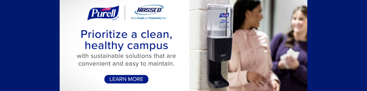 Purell promotional banner for healthy campuses via sanitizing solutions; shows two young girls near a hand sanitizer stand